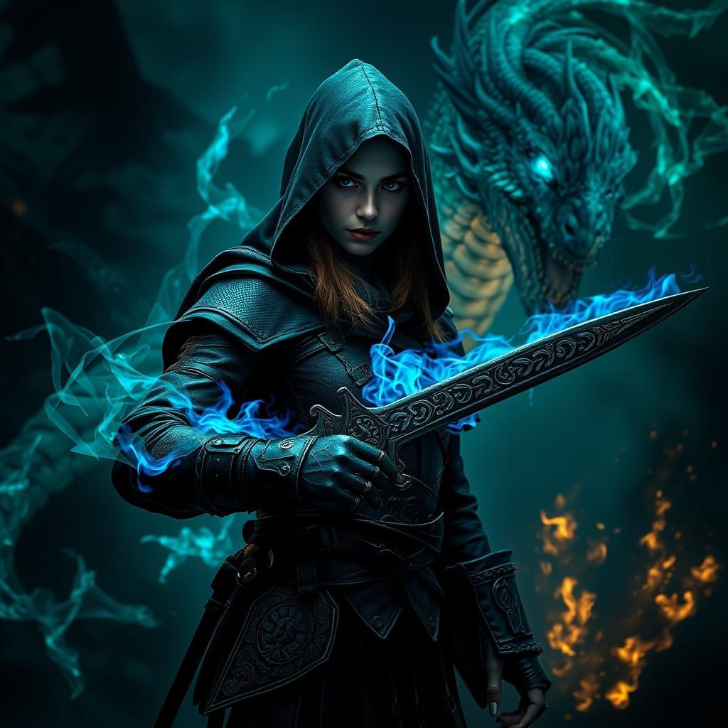 Mystical Warrior Emerges from Fiery Vortex in Dark Fantasy S...