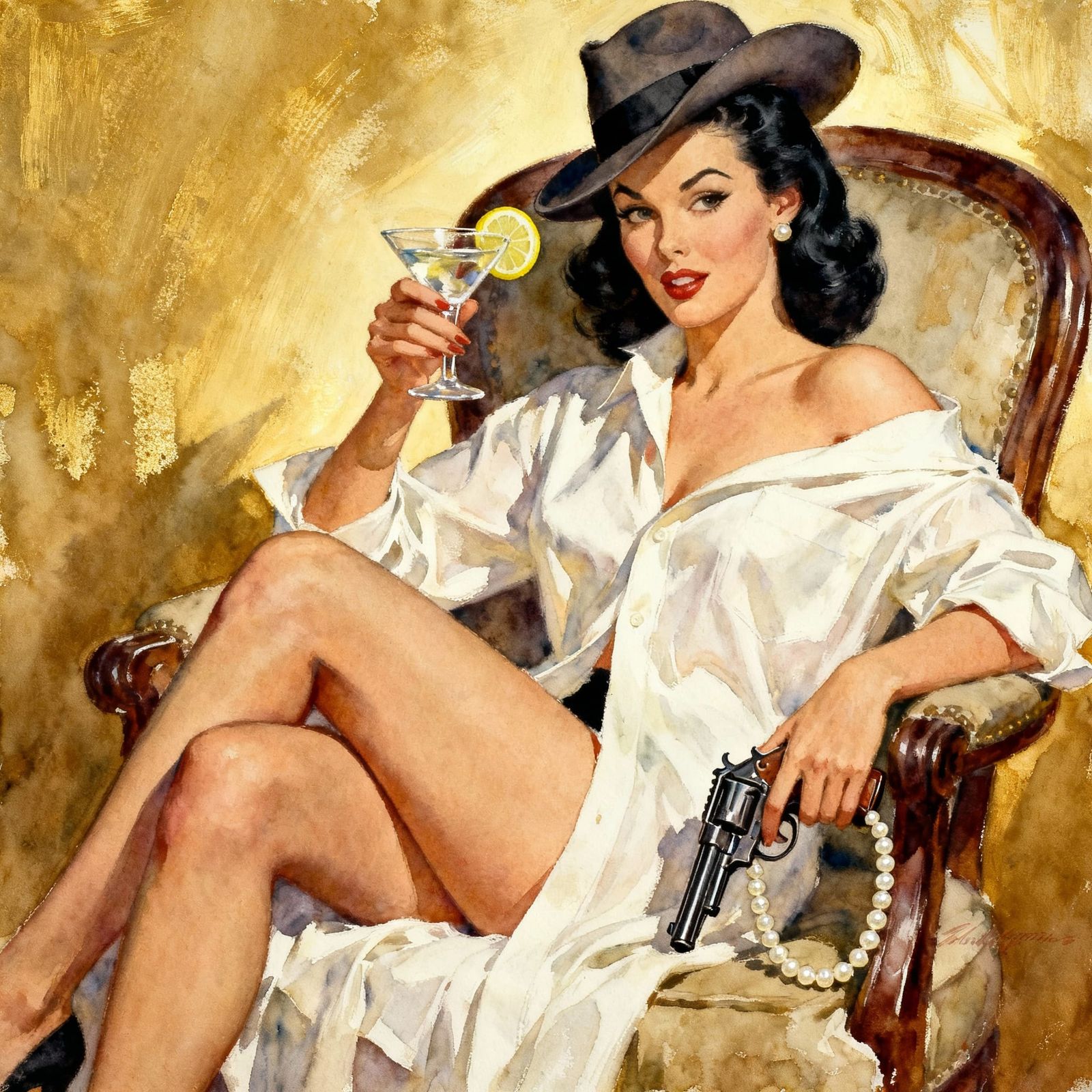 Leggy Woman in Fedora Holds Pistol and Drink