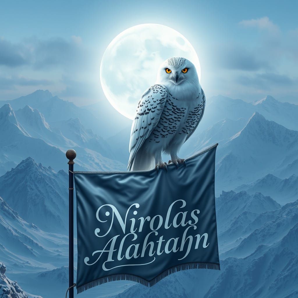 Majestic Snowy Owl Beneath Crescent Moon in Snowy Mountainsc...