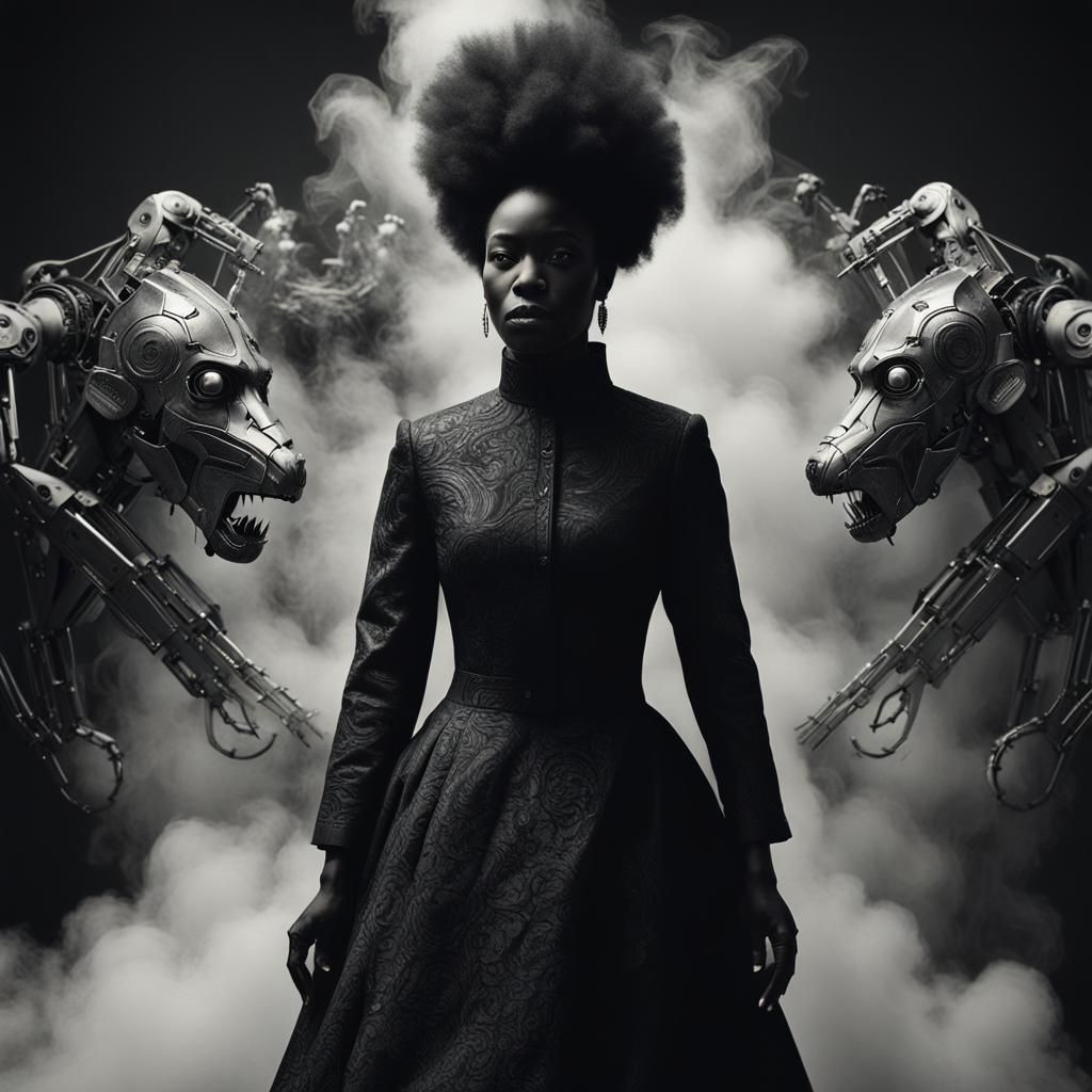 Elegant Woman with Robotic Beast: Black and White Portrait