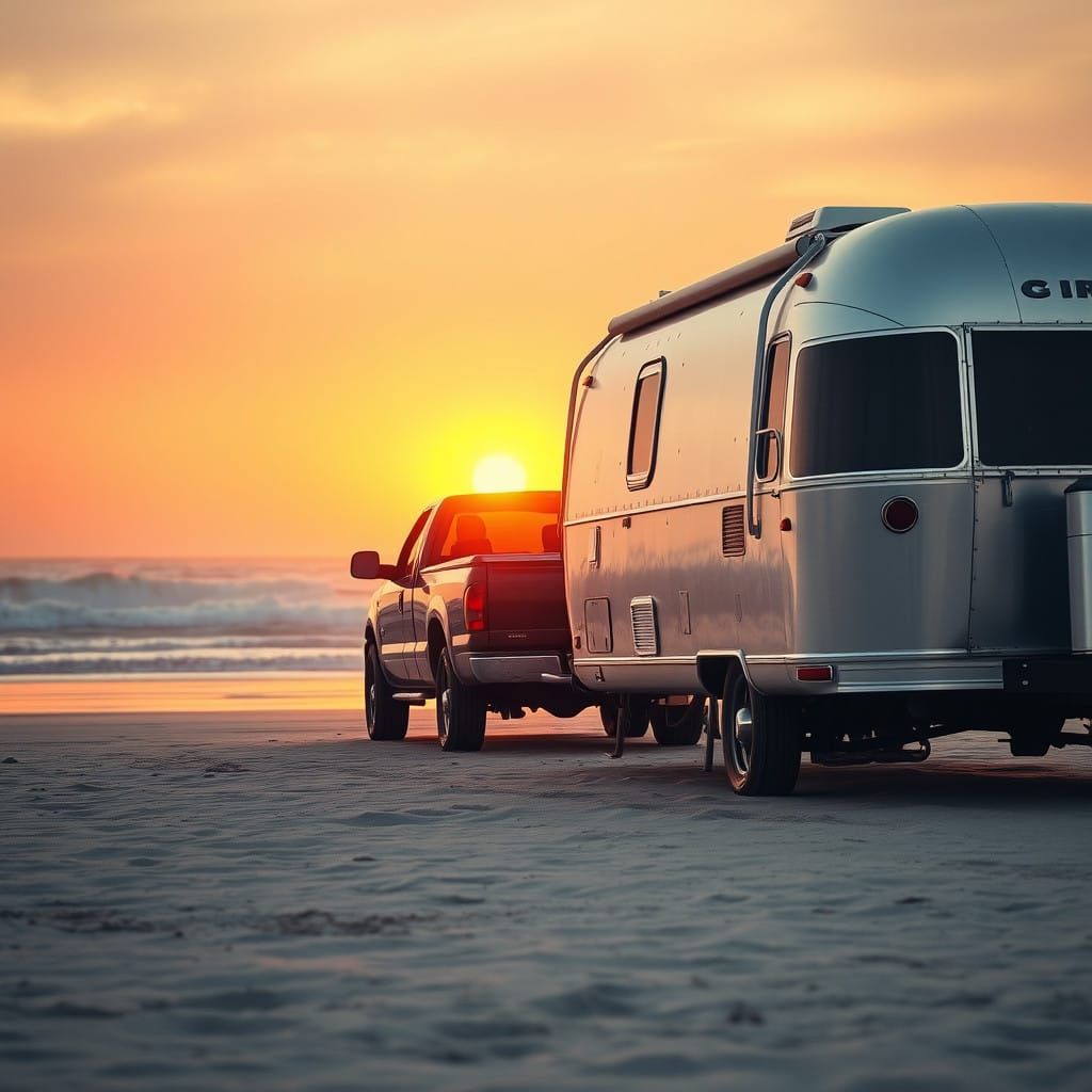 Vintage Airstream Trailer Pulled by Pickup Truck at Sunset o...