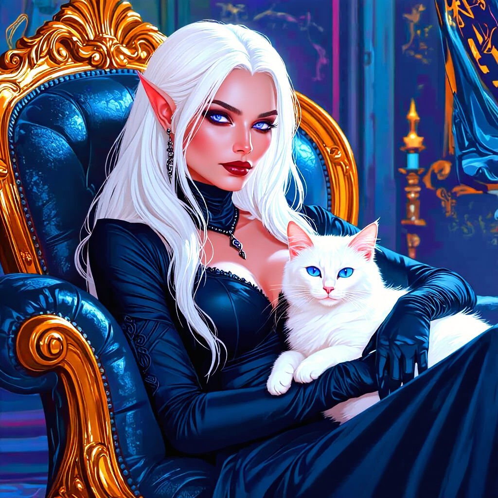 Elegant Drow Elf with White Cat: Fantasy Portrait