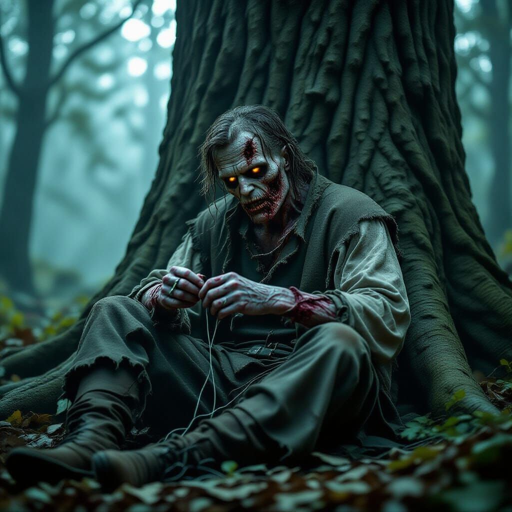 Zombie Sewing Arm in Misty Forest, Gritty Horror Style
