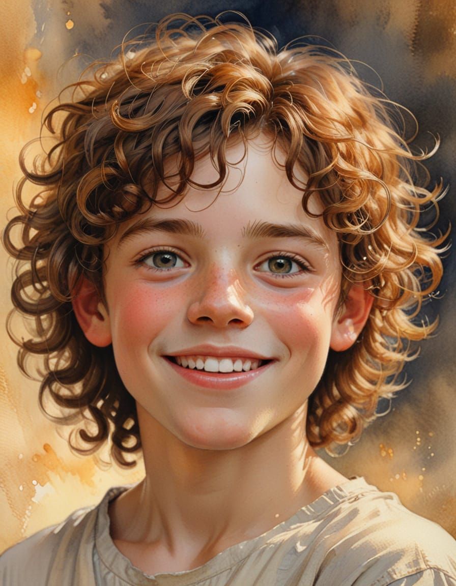 Watercolor Portrait of Smiling Boy with Curls