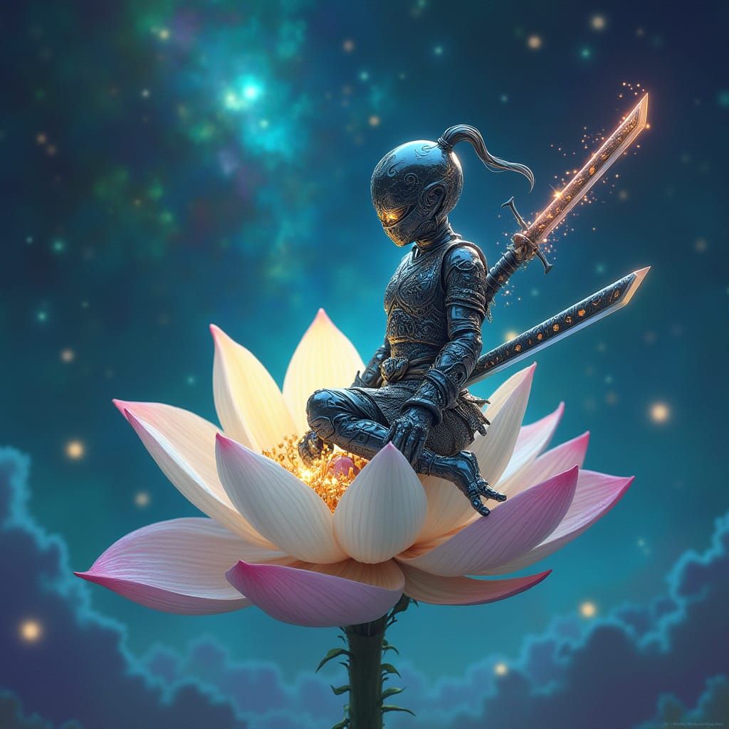 Ethereal Ninja Warrior on Bioluminescent Lotus in Starry Exp...