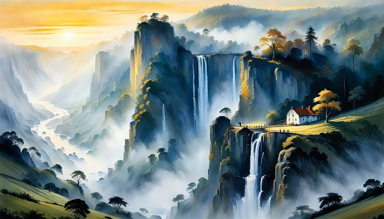 Foggy Valley Waterfall at Sunrise: Detailed Landscape