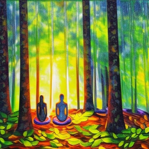 Meditating in Backlit Woods: Neo-Impressionist Oil Painting