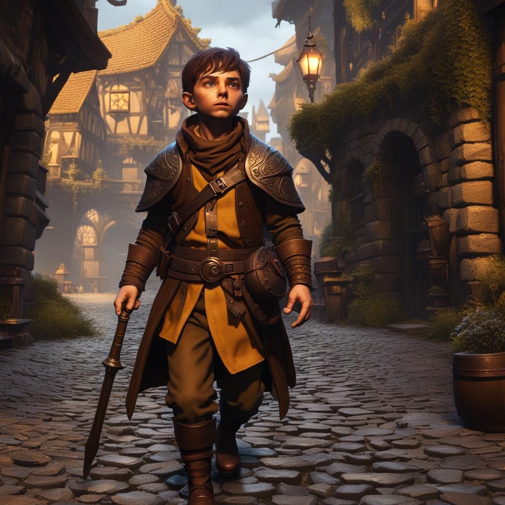 Halfling on Cobblestone Street: Dark Fantasy Concept Art