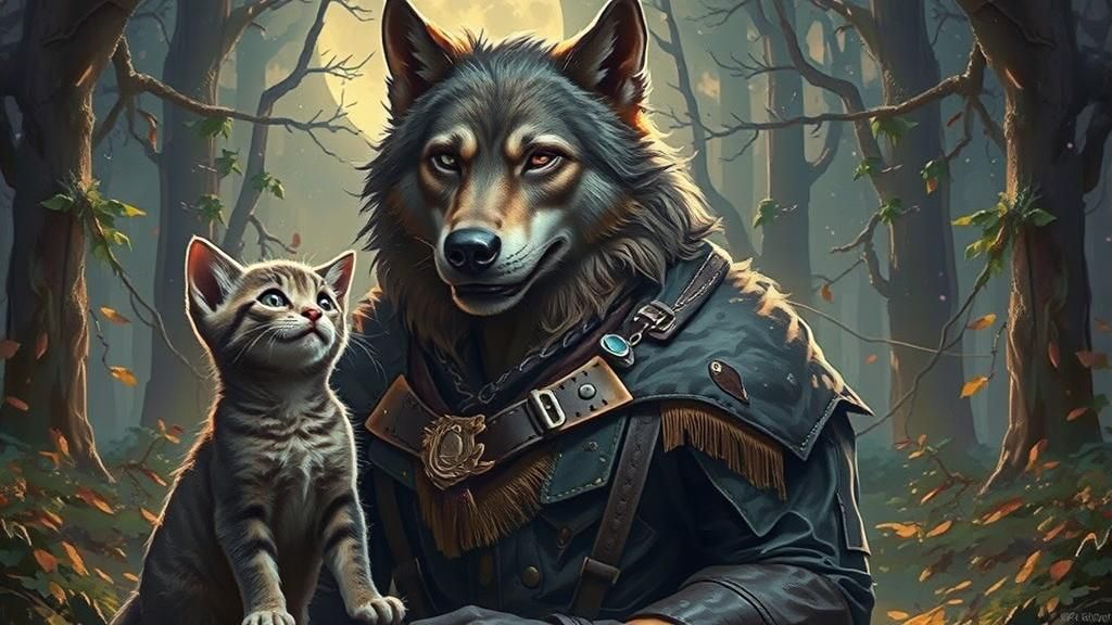 Werewolf and Kitten Portrait in Moonlit Woods