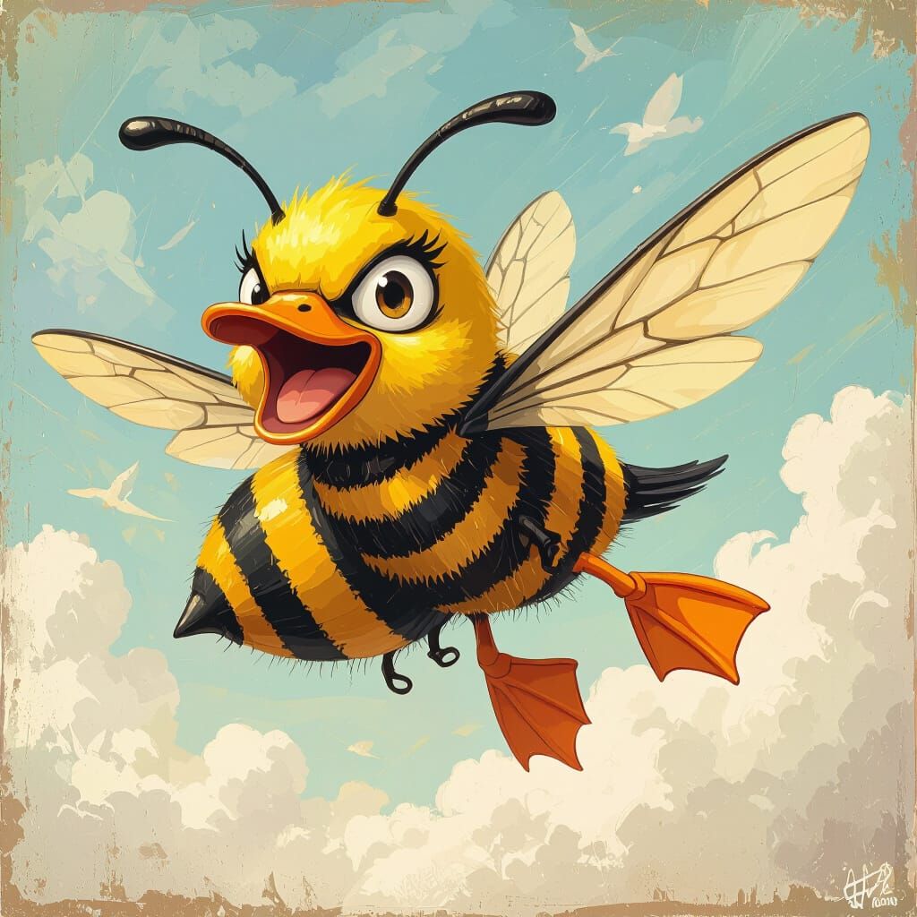 Furious Bee-Duck Hybrid Creature in Whimsical Style