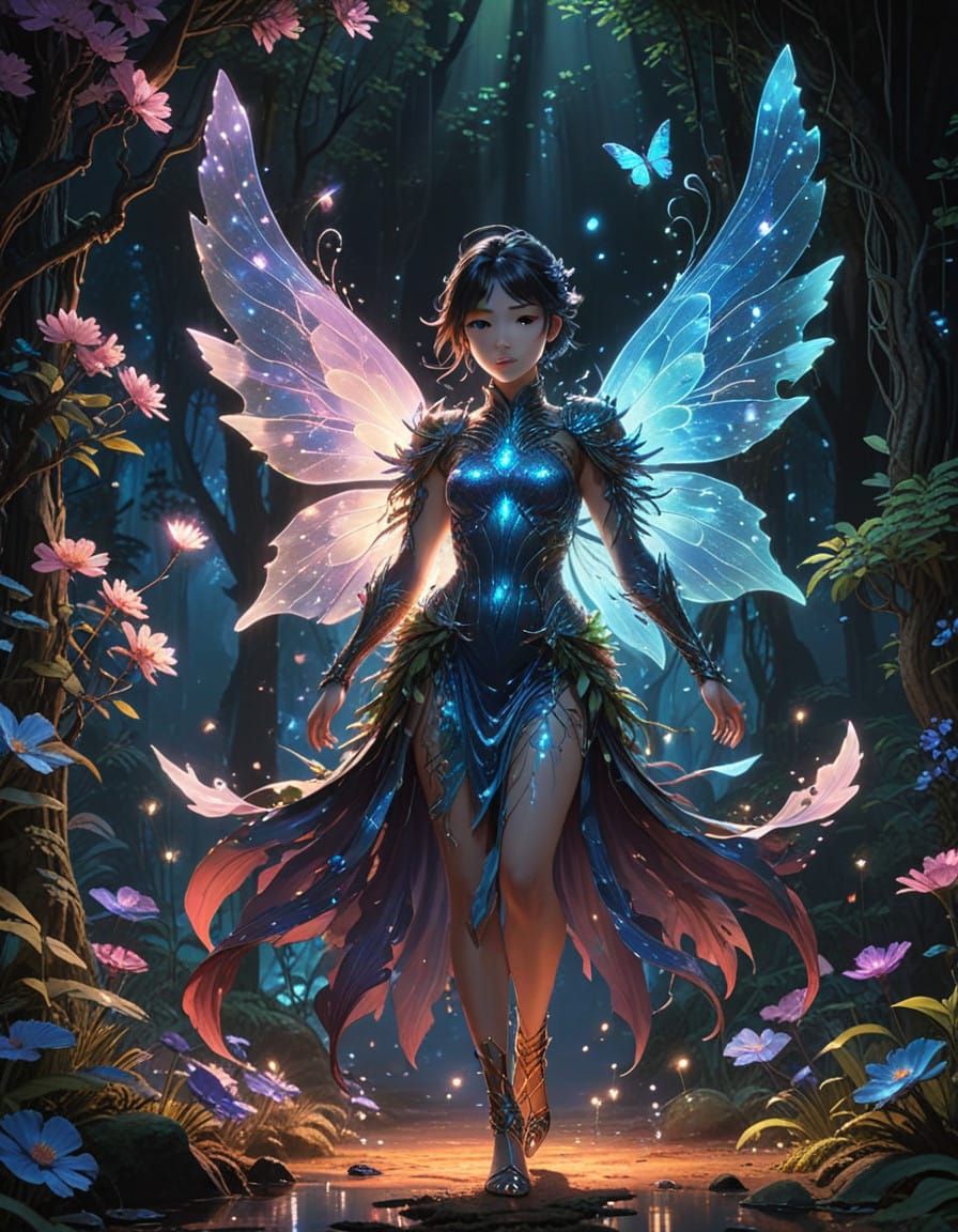 Majestic Fantasy Figure in Vibrant, Neon-Colored Outfit