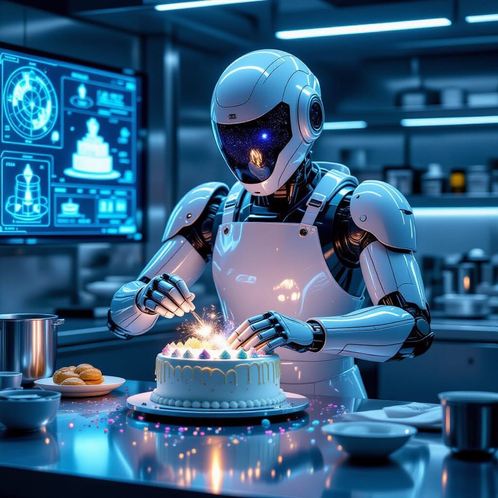 Cosmic Cake Decorated by Robot Chef in Psychedelic Style