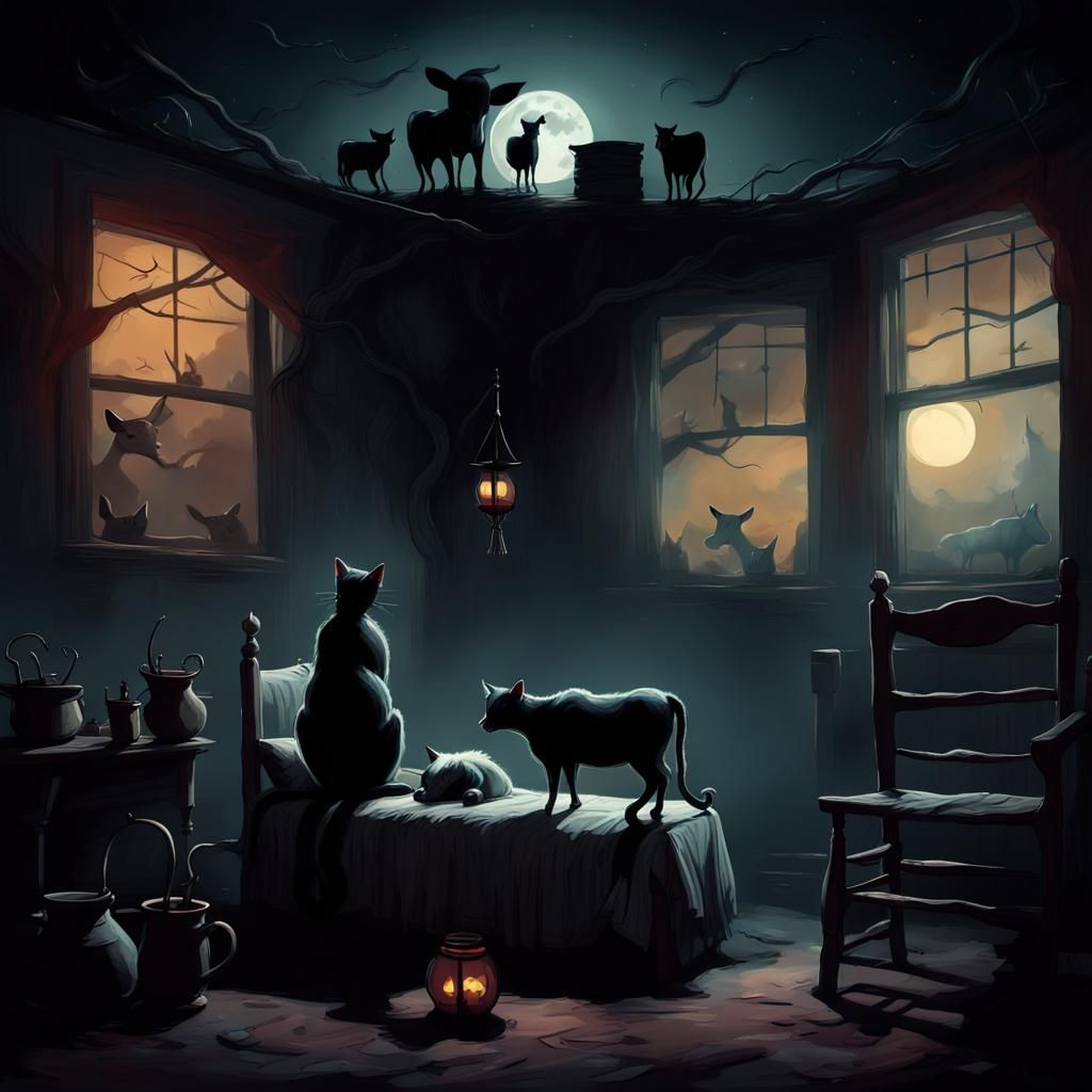 Cat and Cow in Shadowy Nursery: Dark Whimsical Art