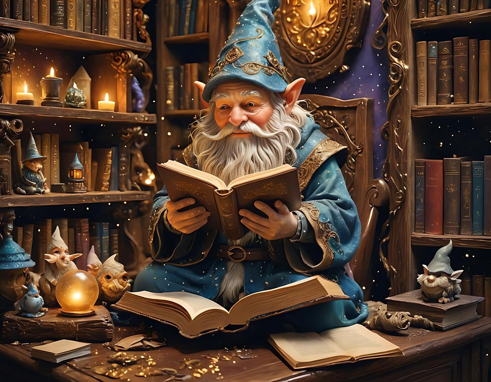 Gnome Wizard Casting Magic in Library Illustration