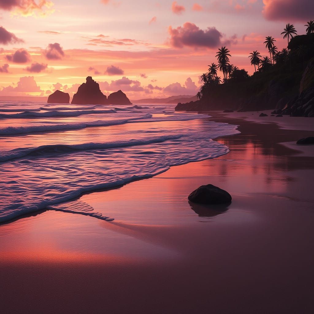 Ethereal Beach Sunset with Silhouetted Palms