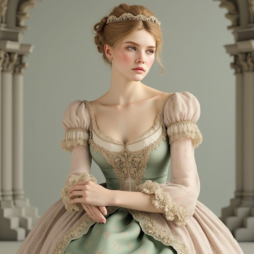 Elegant Regency Beauty in a Lavish Pink and Sage Ballgown