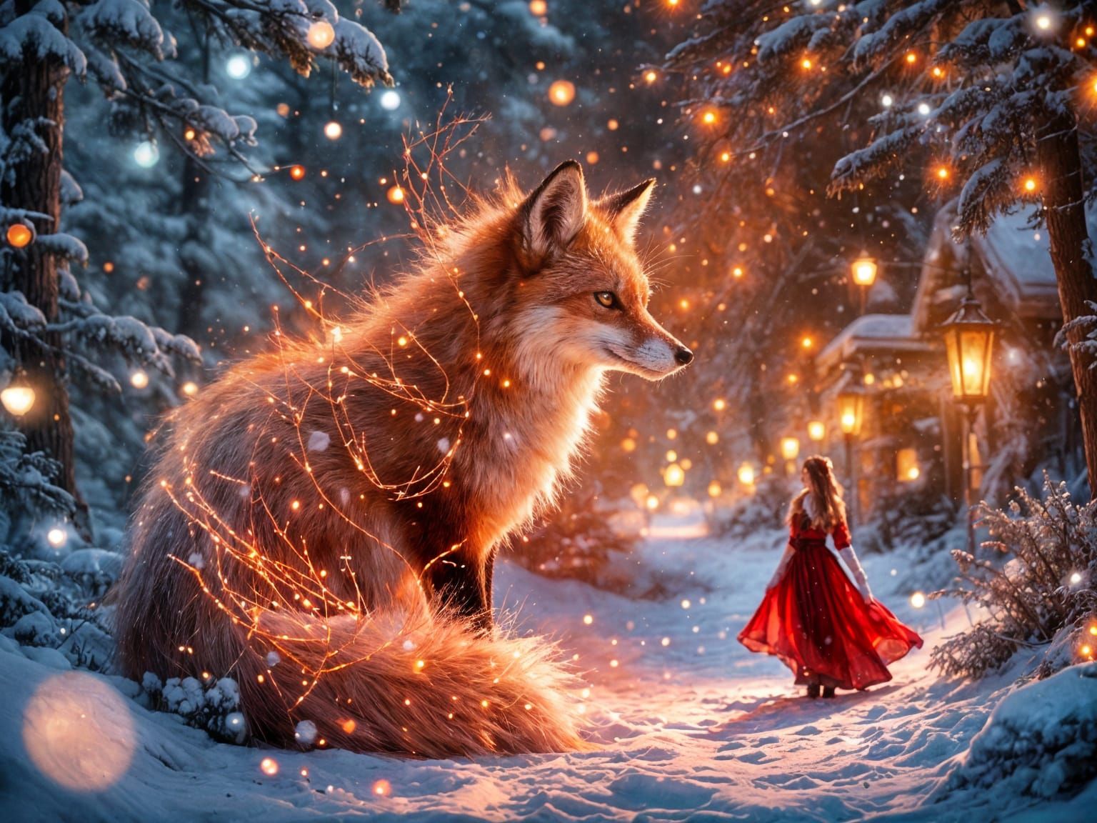 Mystical Winter Fox with Crimson Magic in Snowy Village