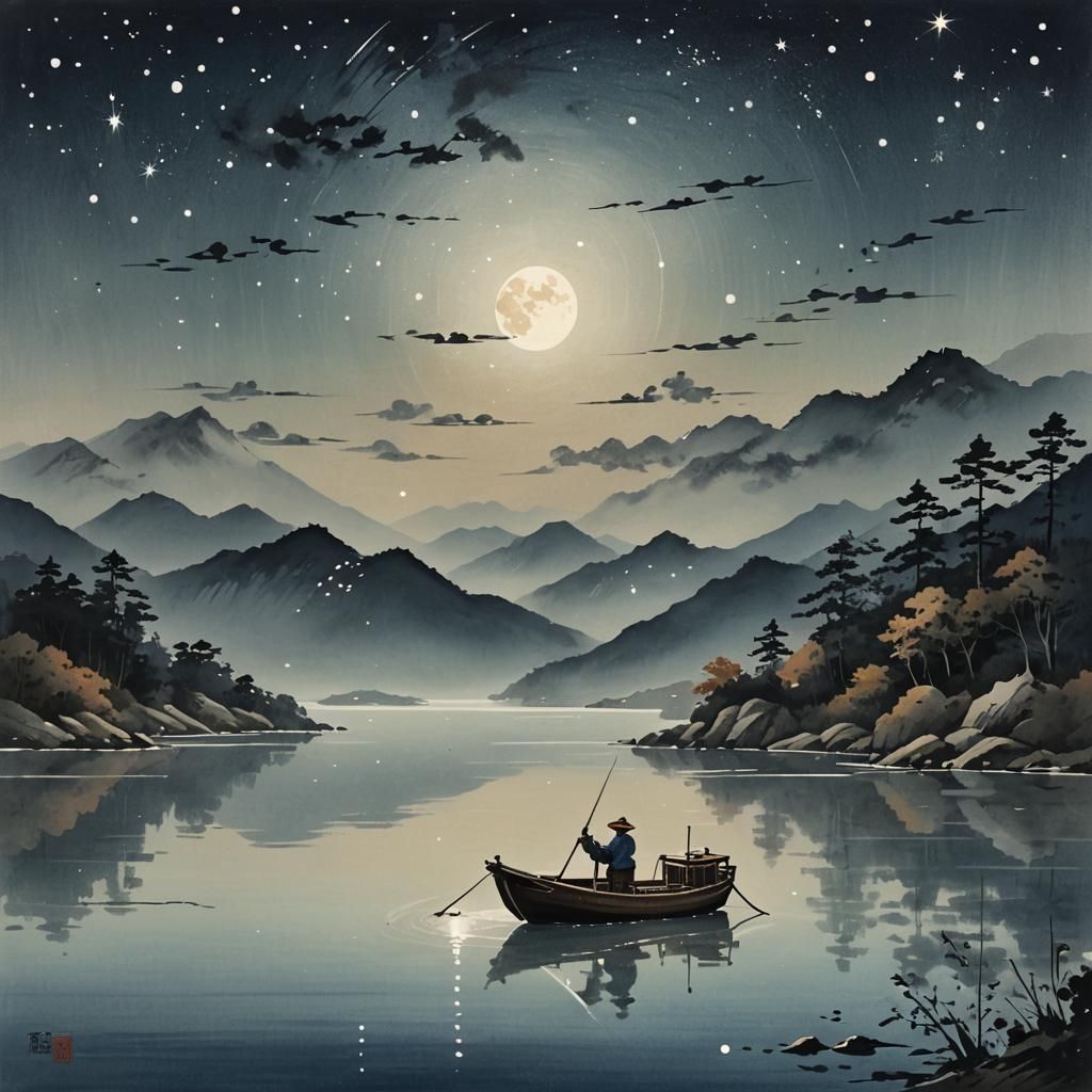 Moonlit Lake Fishing Boat in Tachisme Style