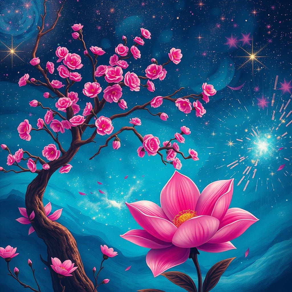 Whimsical Magneta Dreamscape with Pink Blossom Tree and Star...