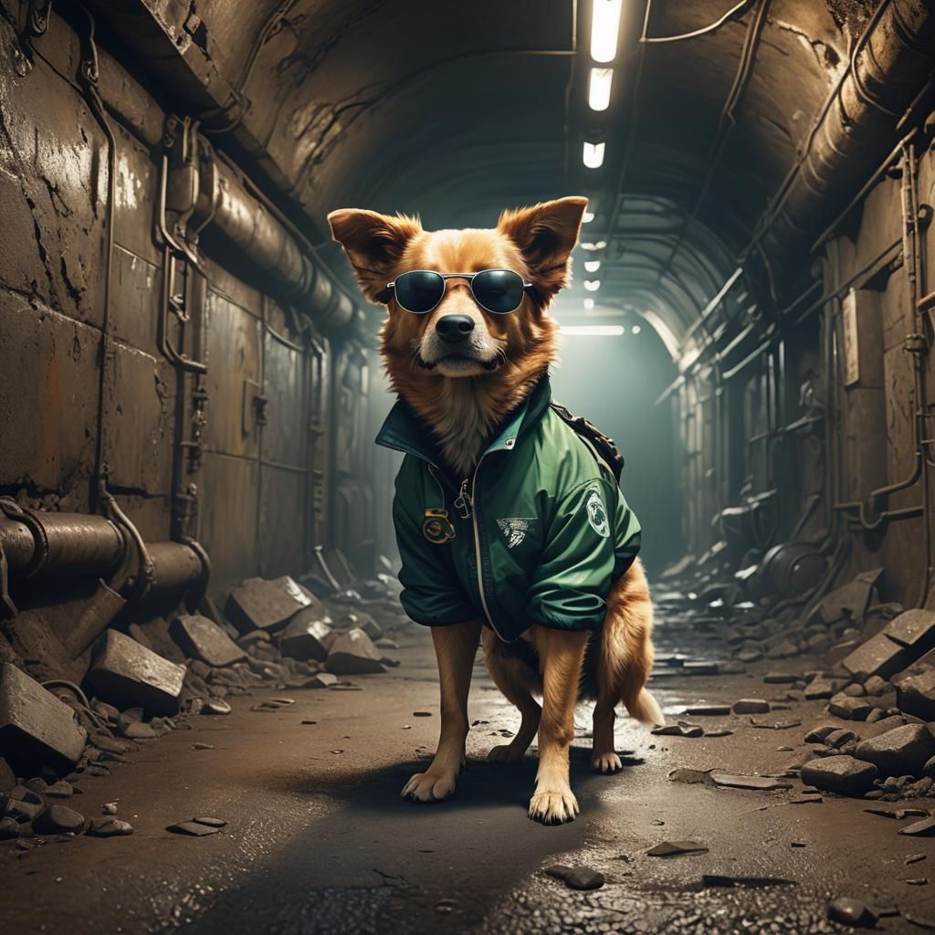 Dog in Sunglasses in Toxic Underground Tunnel