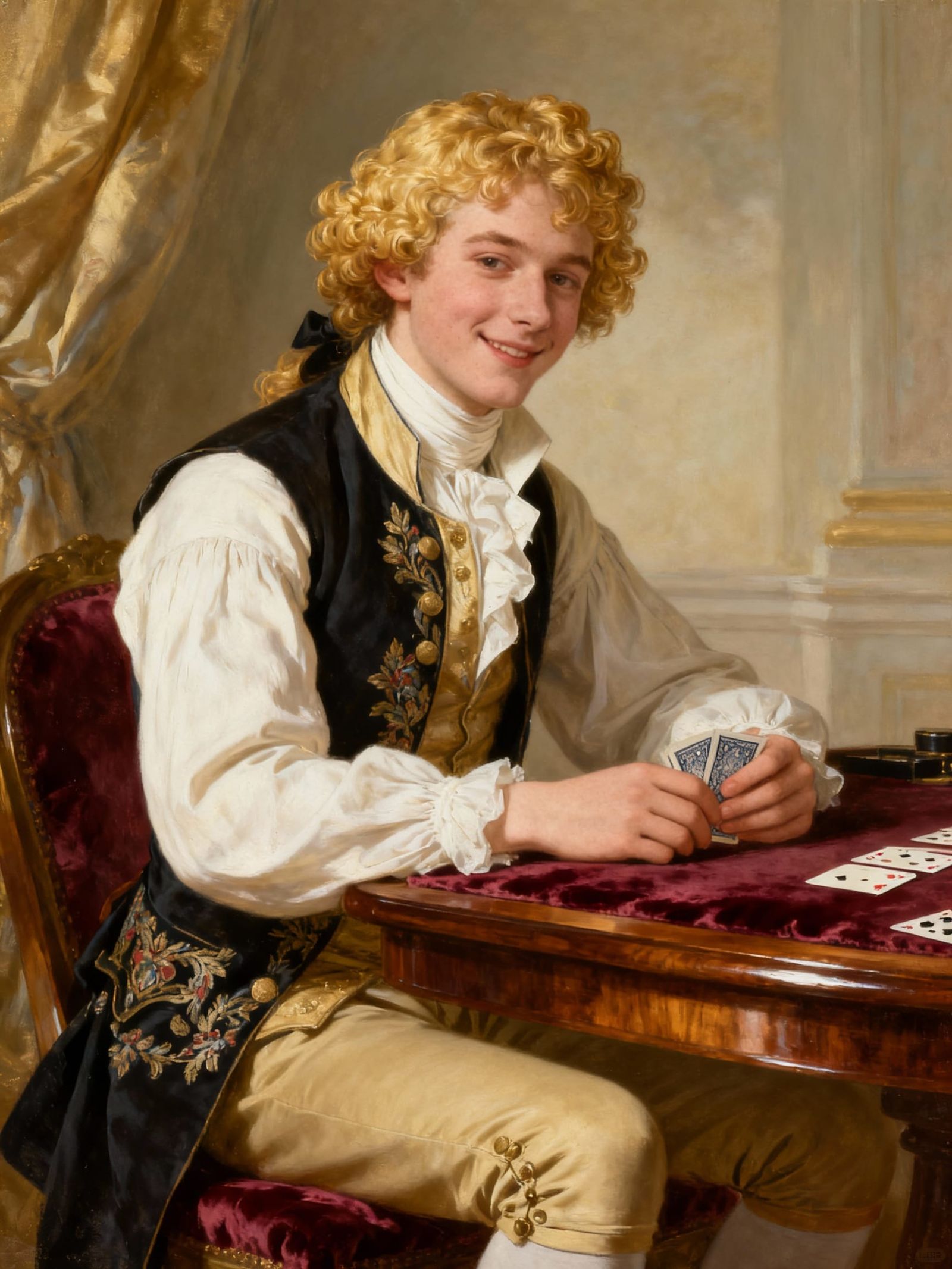 1780s Young Man with Golden Hair Plays Cards