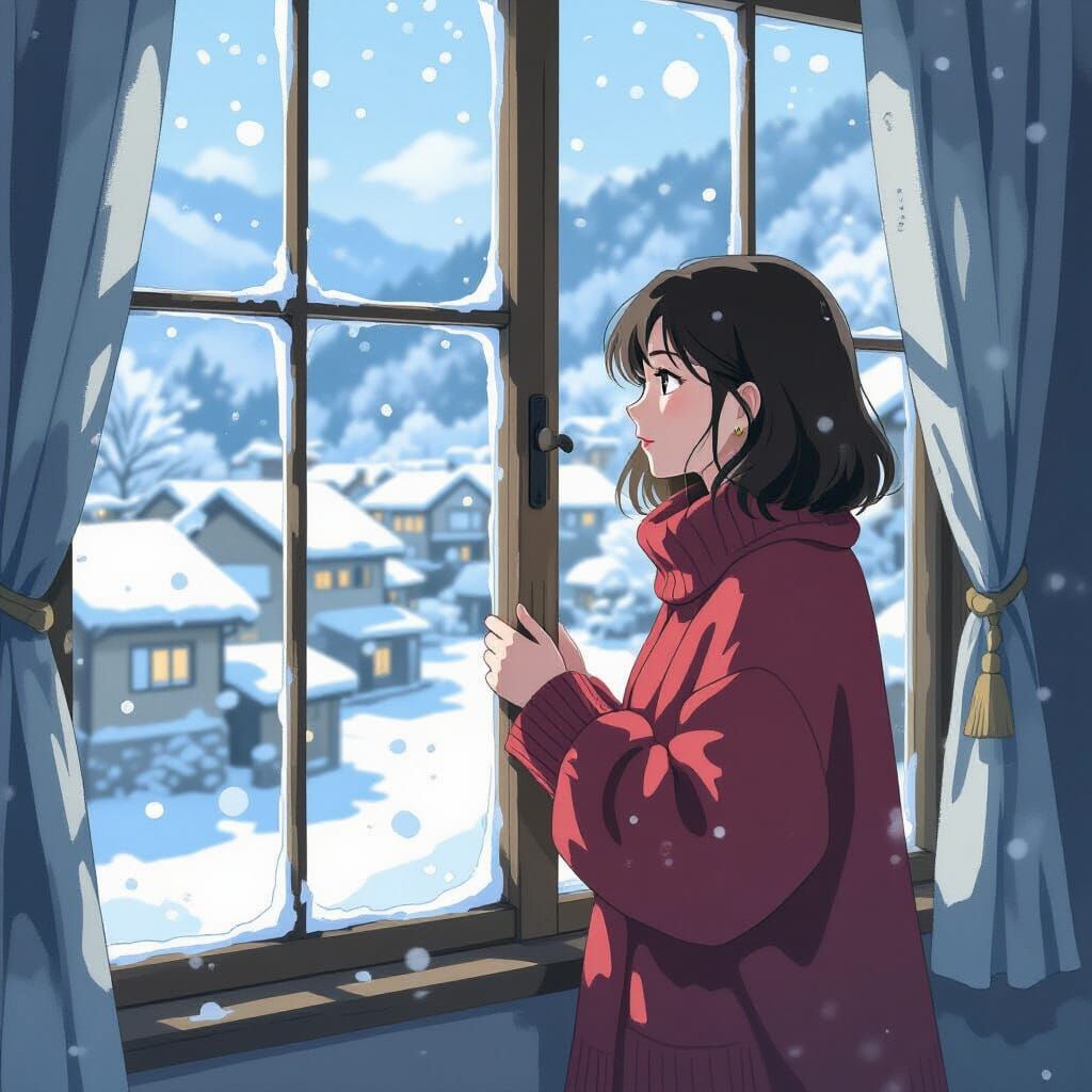 Woman Gazing at Snowy Village, Ghibli-Shinkai Style