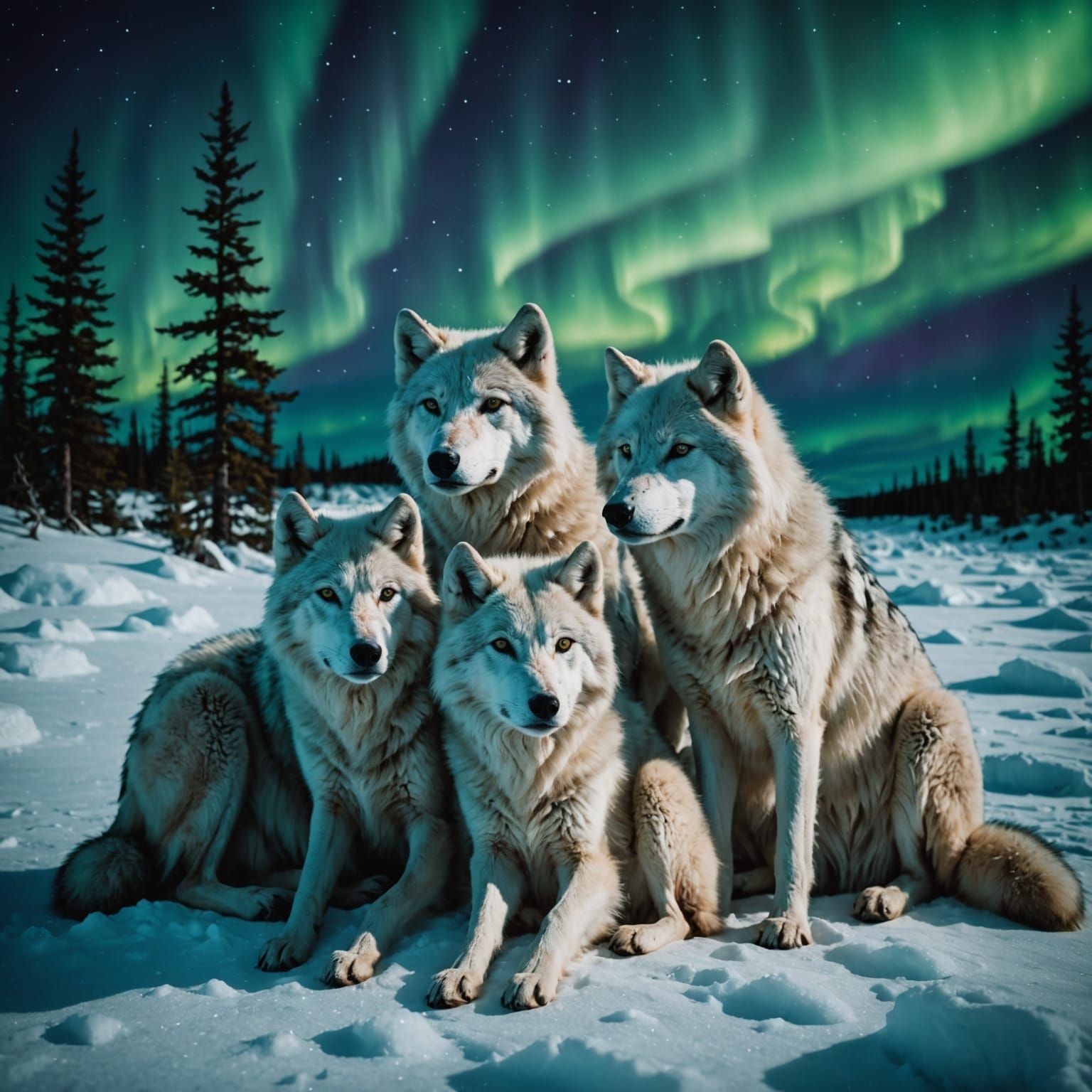 Arctic Wolf Pack Huddle Under Aurora Borealis