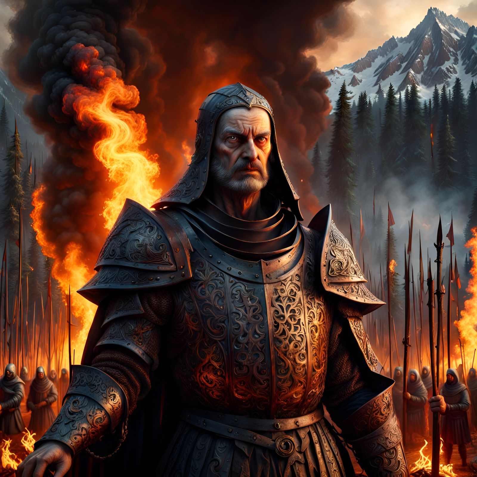 Medieval Man Burned at Stake: Dark Fantasy Art