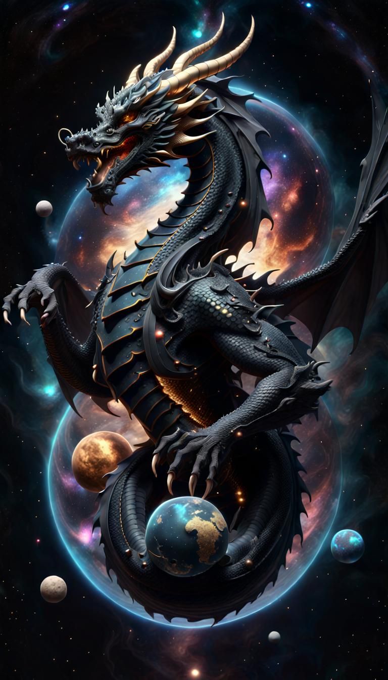 Black Dragon God Deity in Deep Space