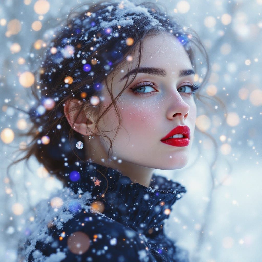 Ethereal Winter Goddess in Cosmic Holographic Aura