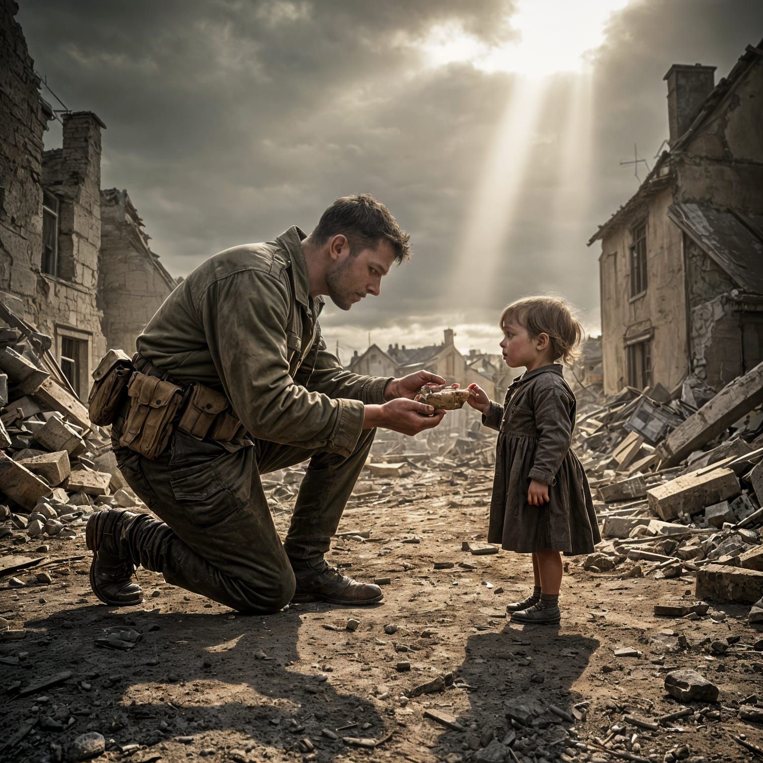 WW2 Soldier Shares Rations with French Child in Ruins