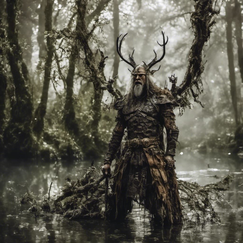 Druid in Alien Biopunk Swamp With Rusted Axe