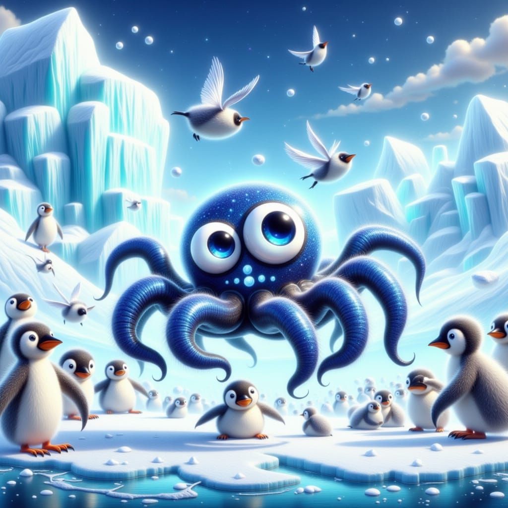 Whimsical Baby Spider-Octopi Play Hide-and-Seek with Penguin...