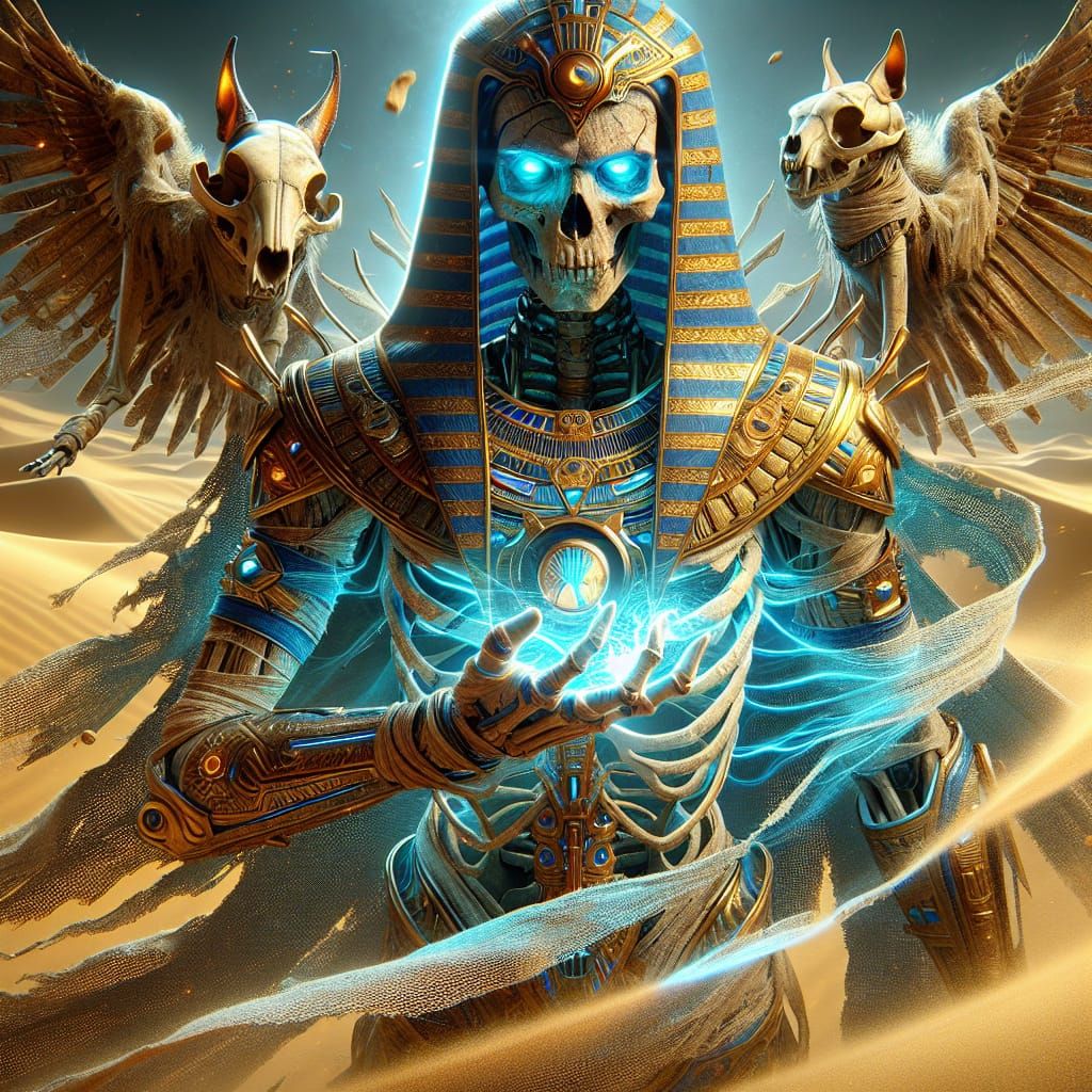 Regal Mummy Casting Magic in Egyptian Desert