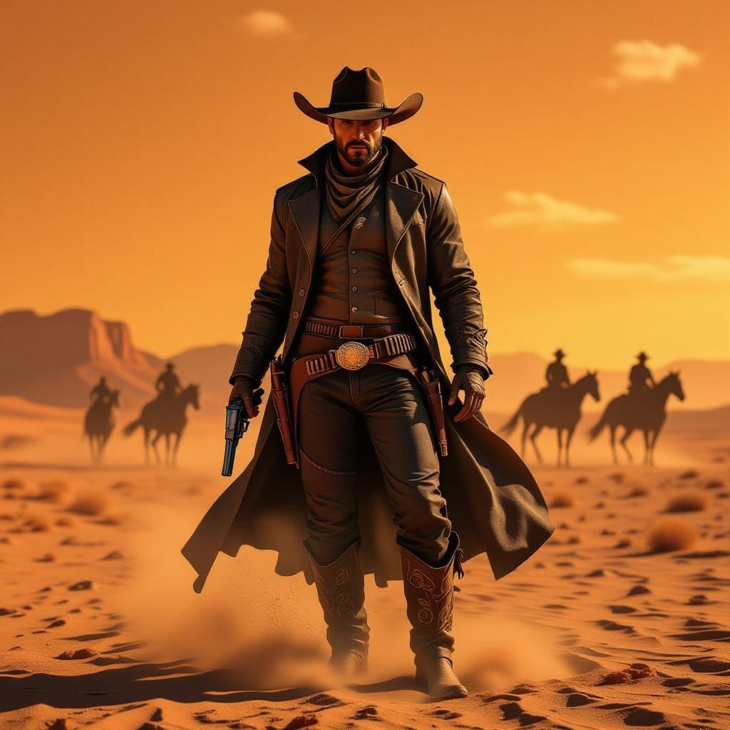 Hyper-Realistic Cowboy in Desert with Dust Horses