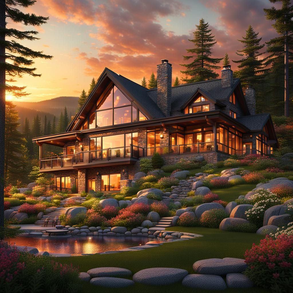 Animated Mountain Home on Shimmering Lake