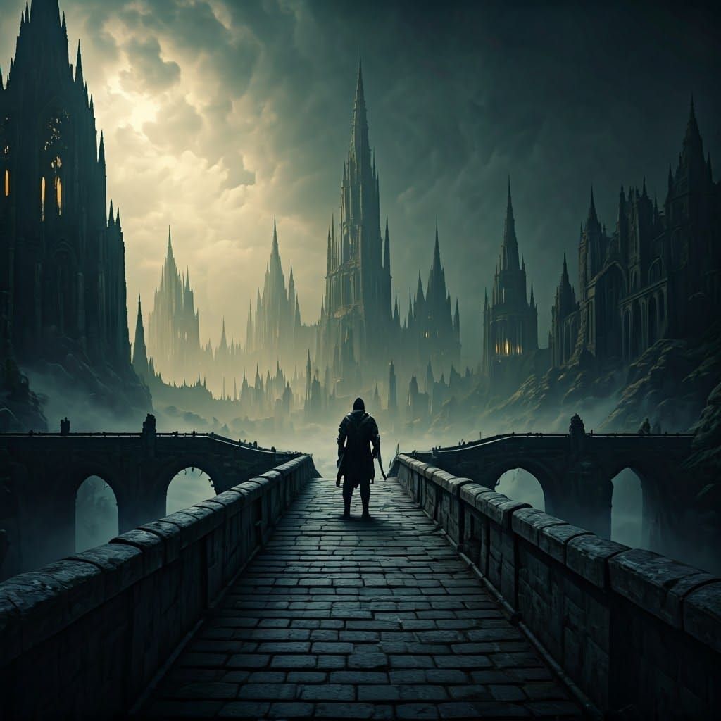 Ominous Warrior in Dark Fantasy Cityscape