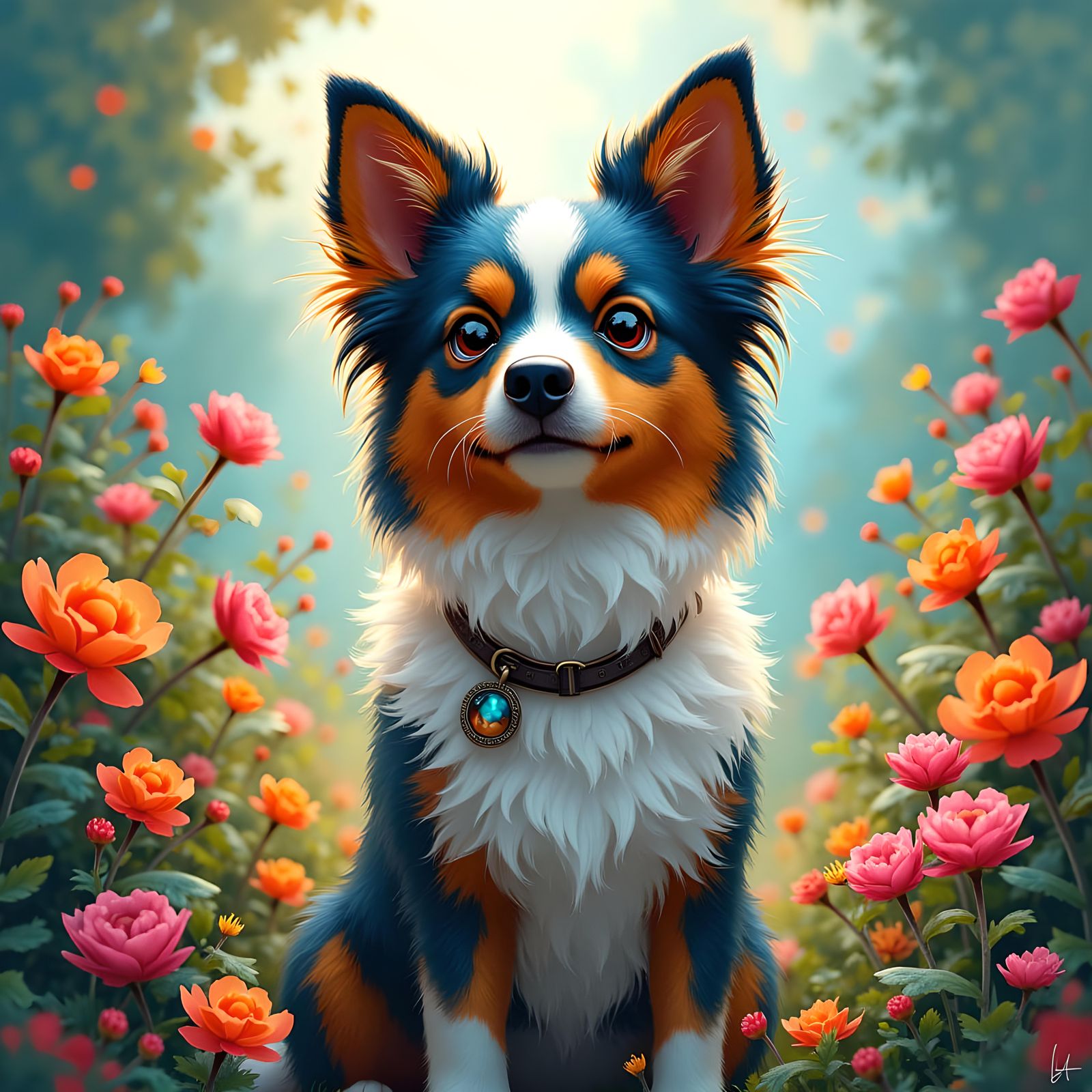 Happy Dog in Garden: Detailed Watercolor Art