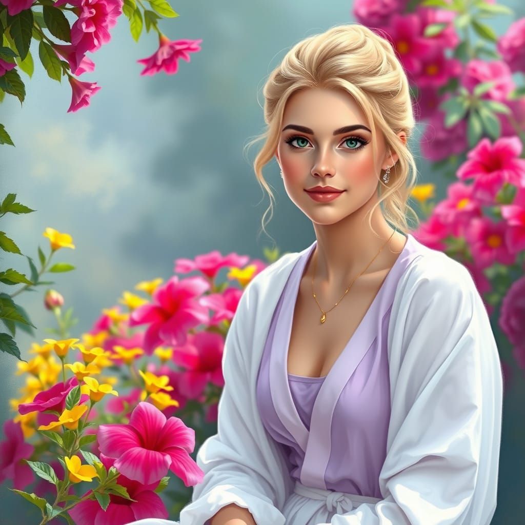 A soft, impressionistic oil painting portrait of a young woman in a white flowing robe and lavender top, seated in a gar...