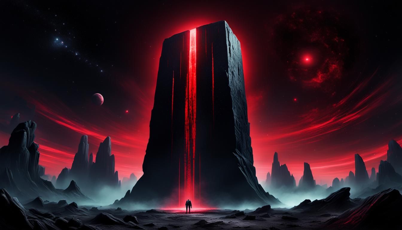 Eerie Onyx Monolith with Neon Lights in Deep Space