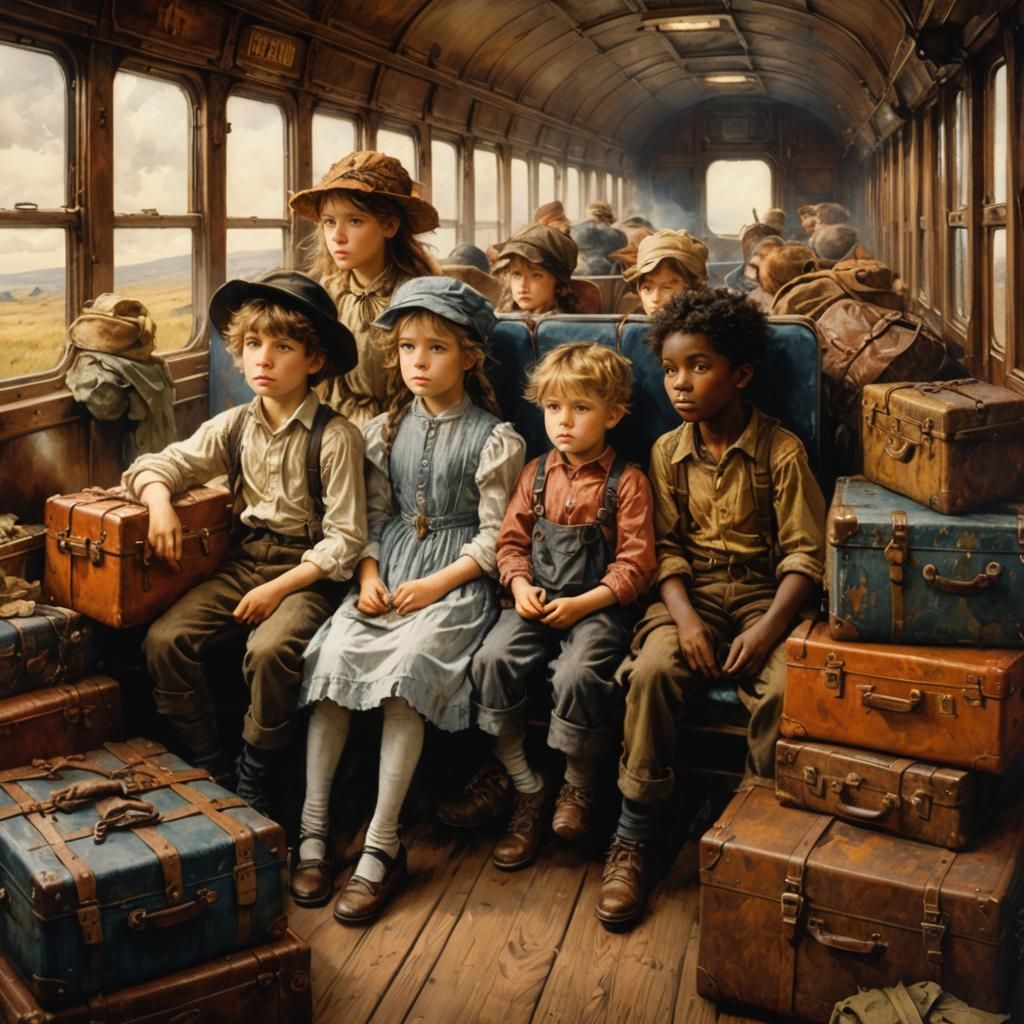 Little Travelers in a Whimsical Train Landscape, in the Styl...