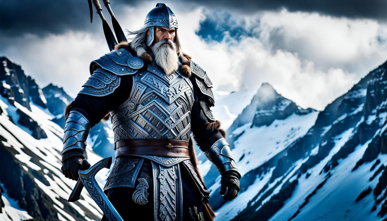 Nordic Warrior and Ice Giant in Snowy Mountains