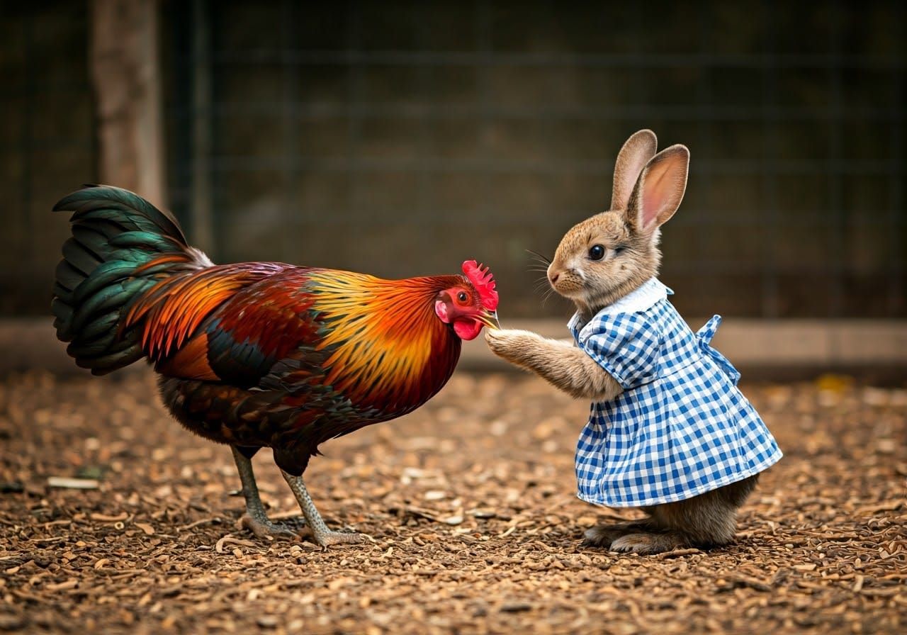 Rabbit Feeds Giant Chickens with Colorful Plumage