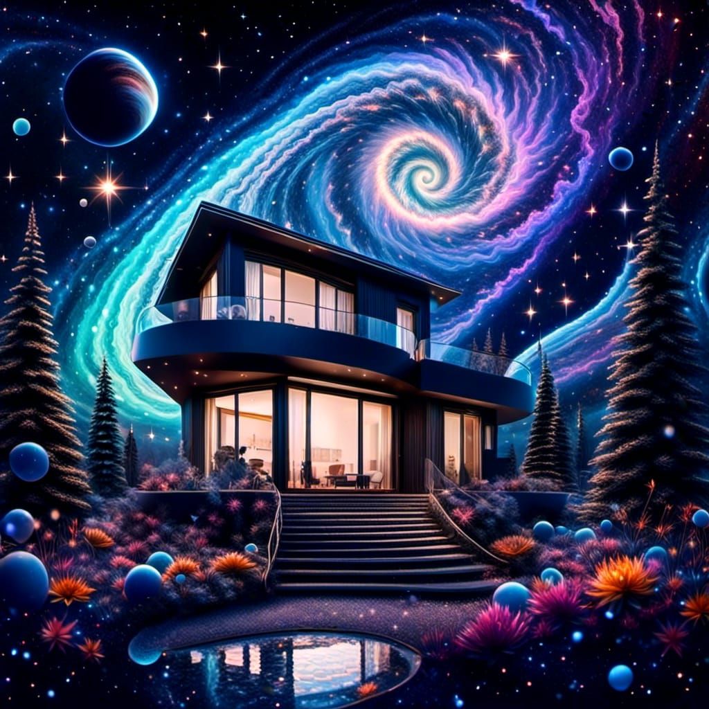 Futuristic house located on a jovian planet, surrounded by exotic and alien plants