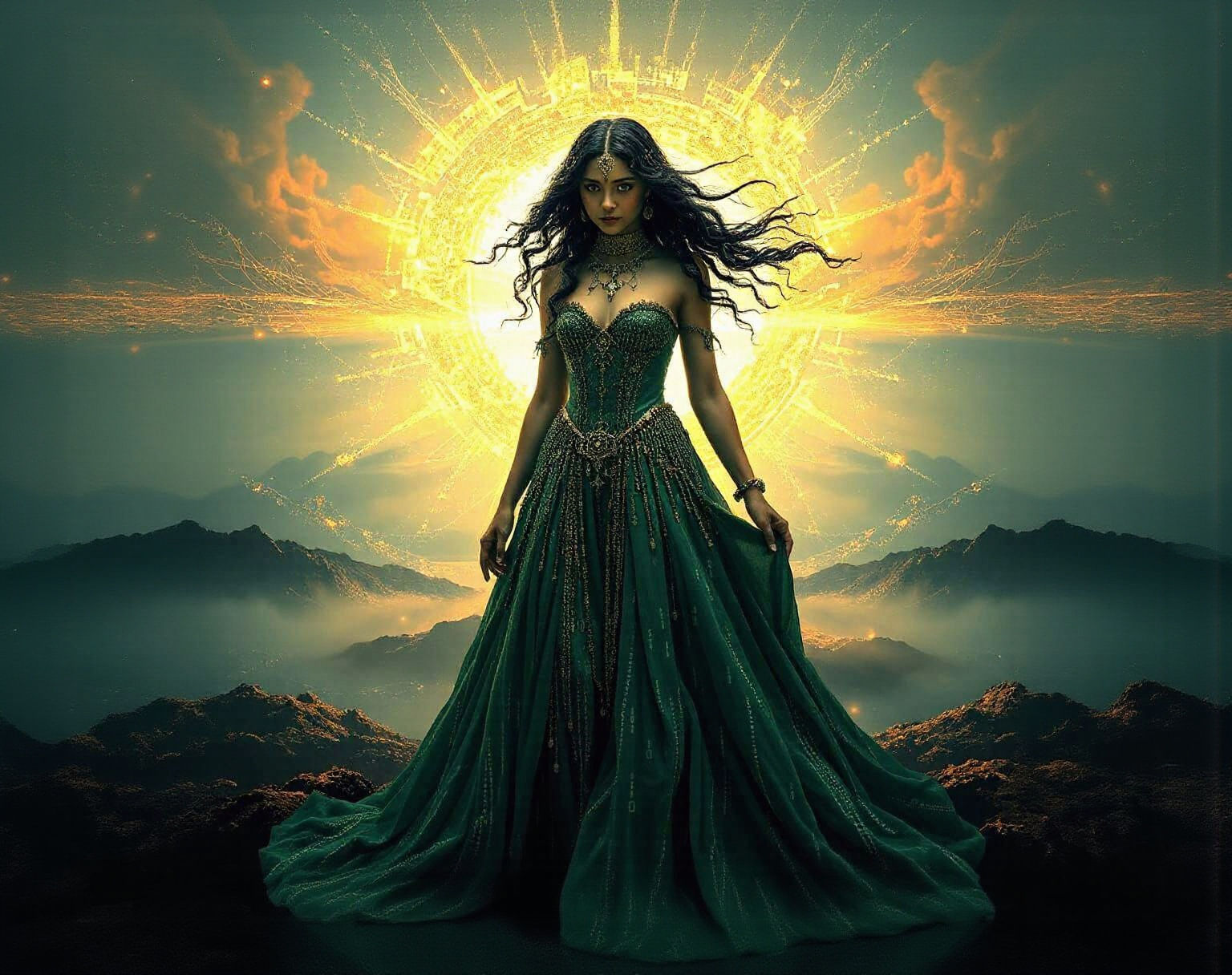 Digital Enchantress Before Glitched Portal in Mucha Style