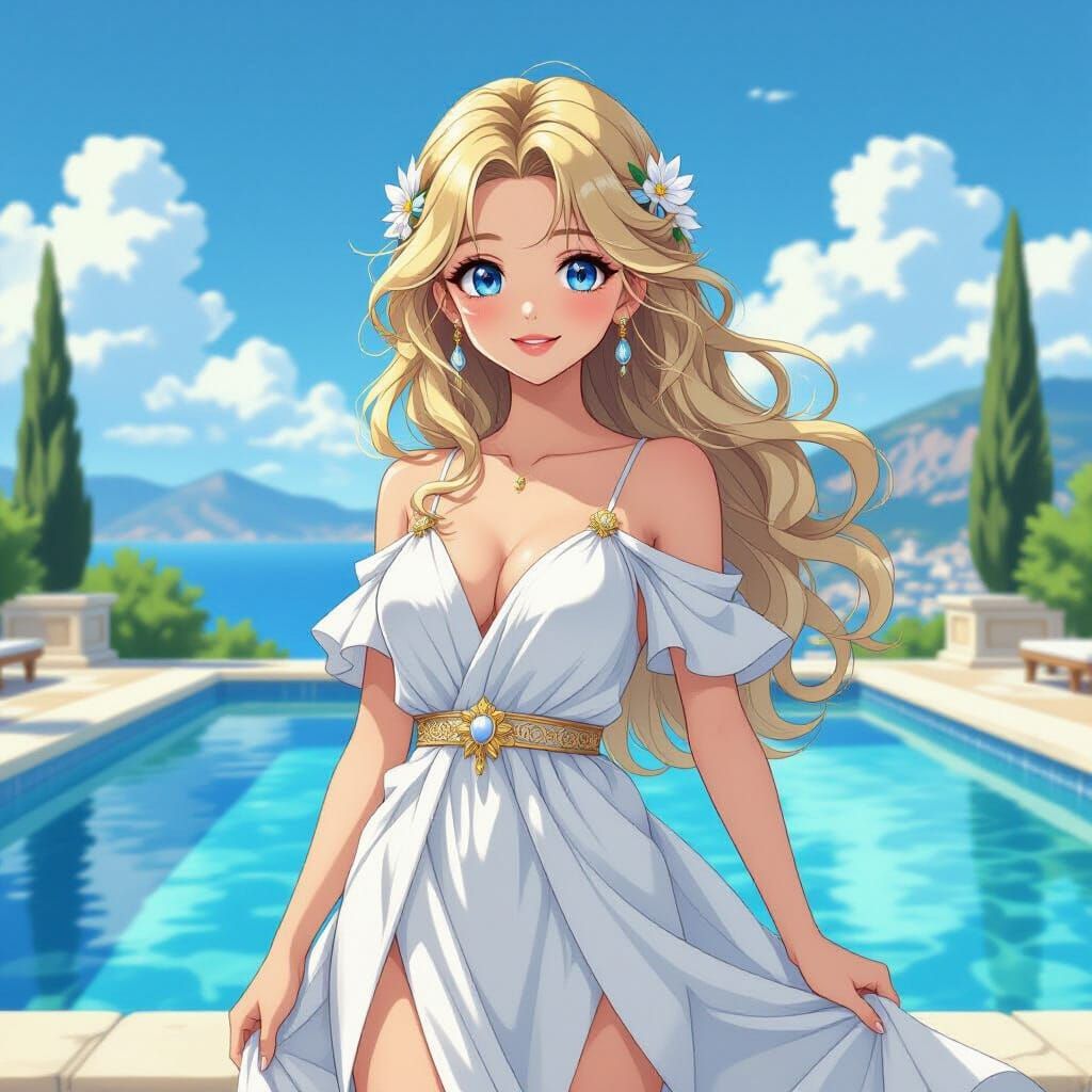 Anime Goddess by Pool, Murakami and Sorayama Style