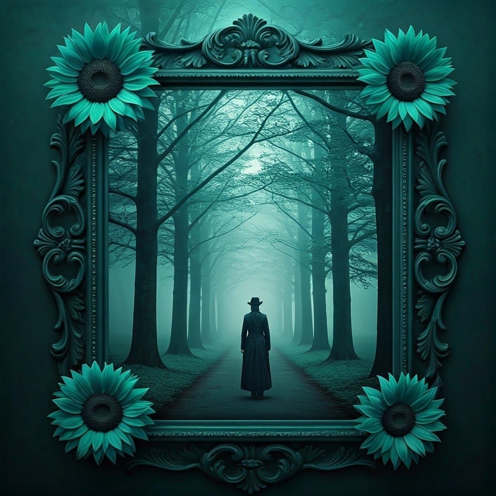 Ethereal Victorian Figure Strolls in Teal Sunflower Landscap...