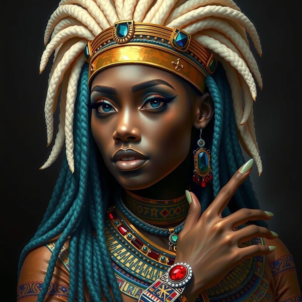Regal Black Cleopatra in Gold and Turquoise Majesty