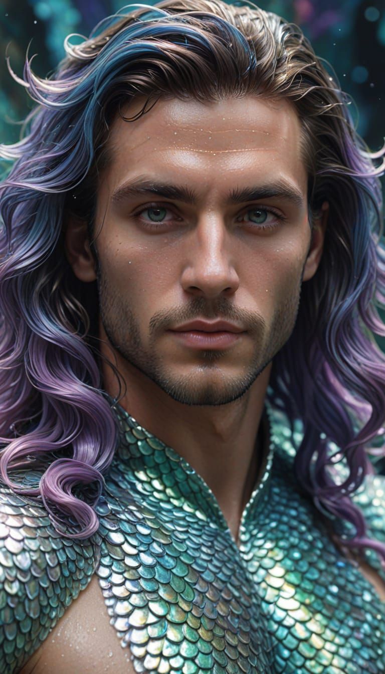 Handsome Merman Prince in Liquid Fractal Rococo Style