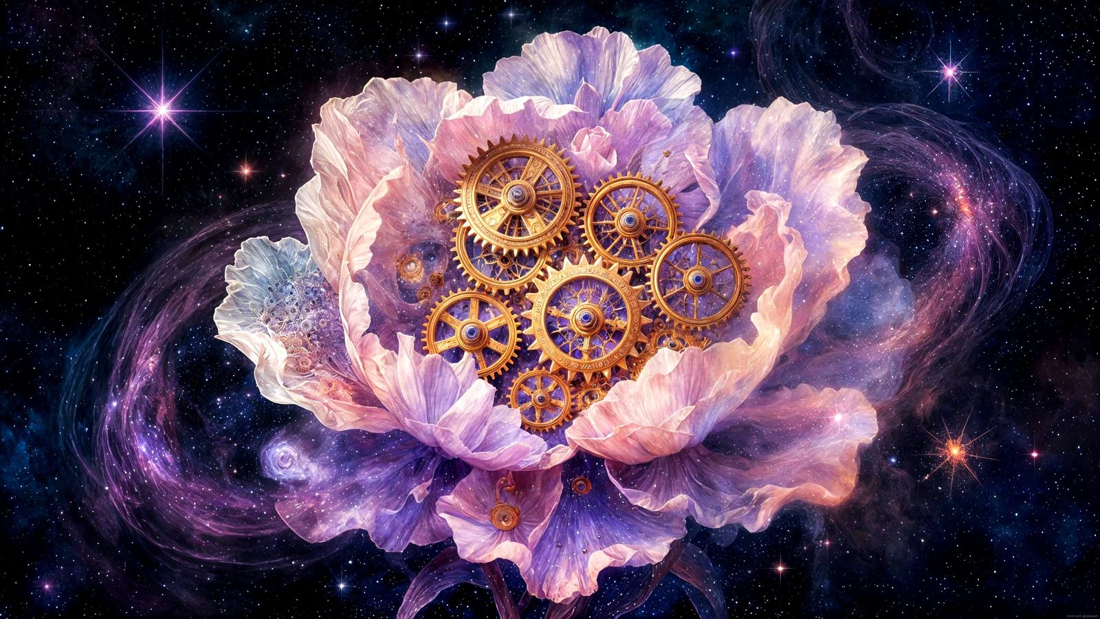 Cosmic Clockwork Flower in Deep Space Digital Art